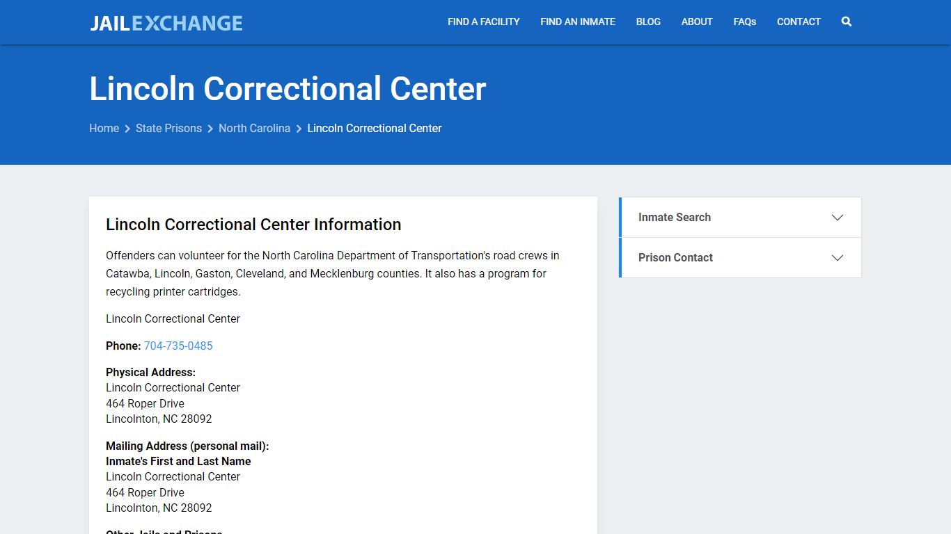 Lincoln Correctional Center Inmate Search, NC - Jail Exchange